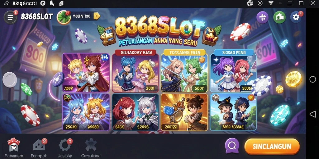 Screenshot gameplay 8368SLOT menampilkan karakter Anime yang menakjubkan dan efek visual menarik.