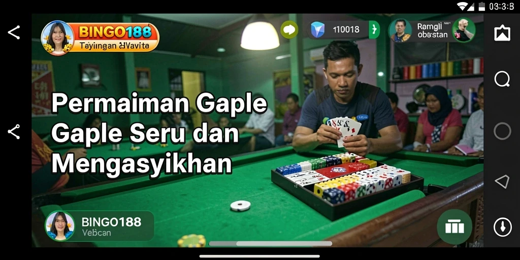Screenshot BINGO188 menampilkan gameplay Gaple yang seru dan interaktif.