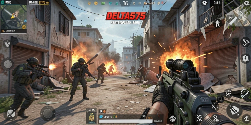 Tangkapan layar utama <strong>DELTA575</strong> menampilkan pertempuran mendebarkan di arena yang realistis.