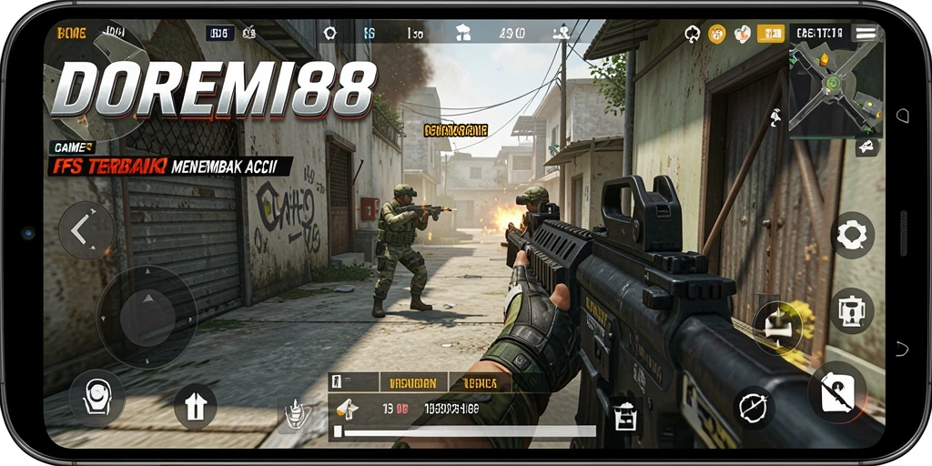 Screenshot gameplay DOREMI88 yang menampilkan aksi tembak-menembak hebat.