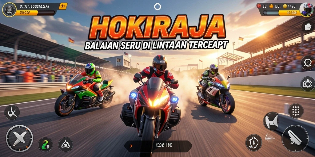 Tampilan utama gameplay HOKIRAJA dengan mobil balap di lintasan.