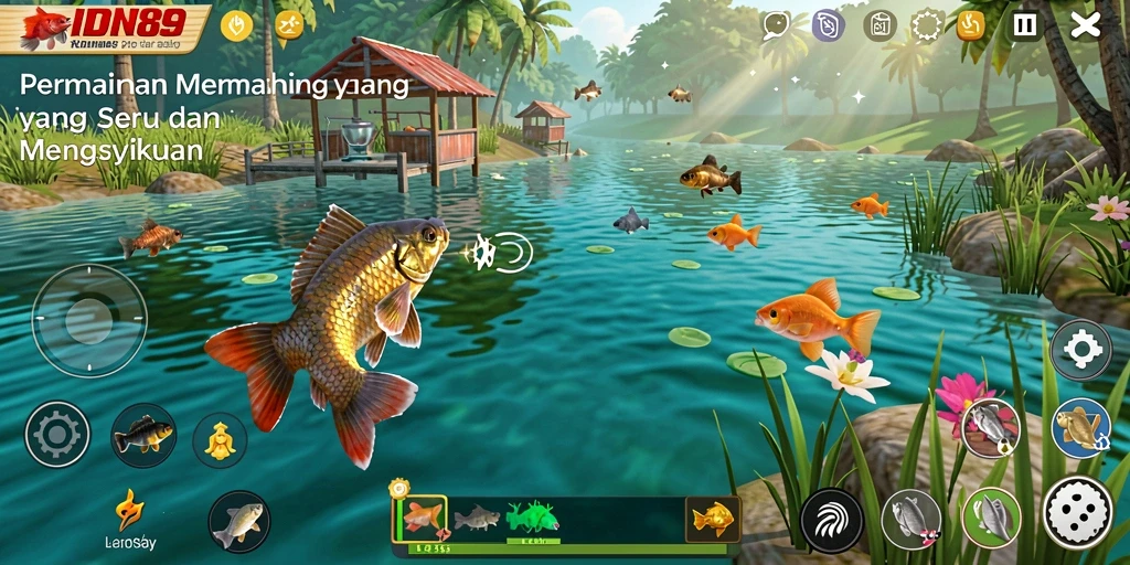 Tampilan gameplay menawan dalam IDN89 dengan berbagai lokasi memancing.