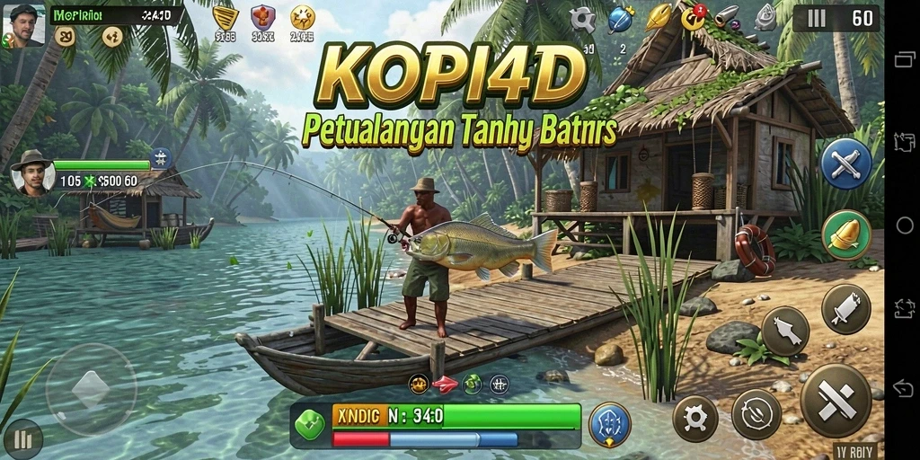 Tampilan gameplay KOPI4D yang menakjubkan saat memancing di danau.