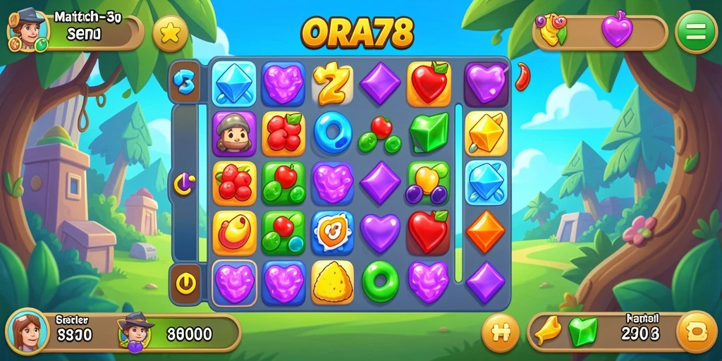 Screenshot gameplay ORA78 menampilkan pencocokan permata yang seru.