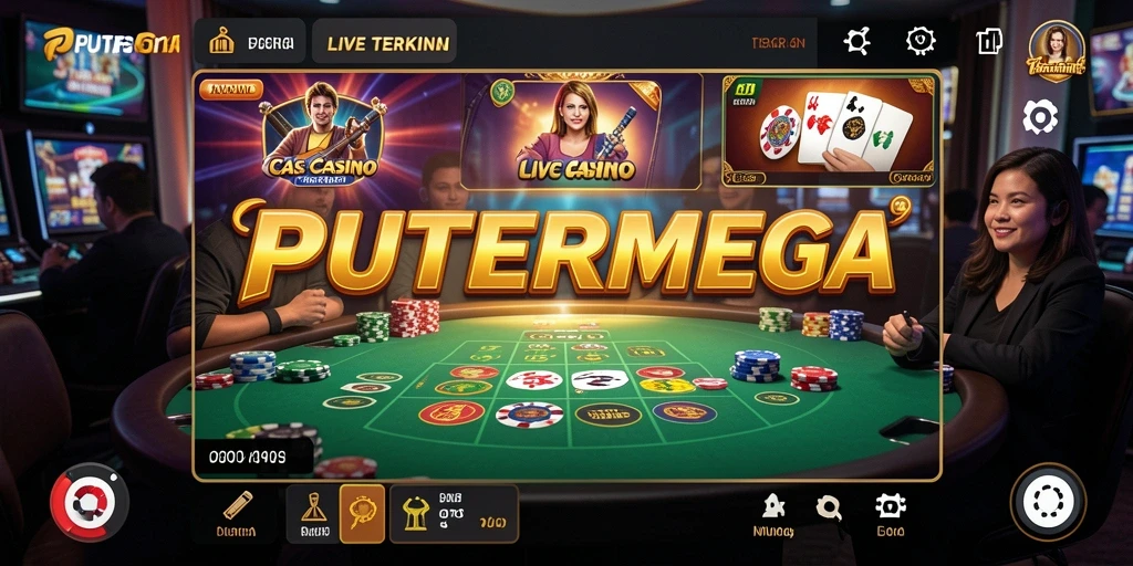 Screenshot gameplay PUTERMEGA menampilkan dealer langsung dan suasana kasino yang nyata.