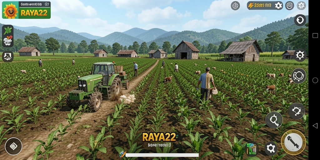 Screenshot gameplay RAYA22 menunjukkan aktivitas pertanian yang menyenangkan.